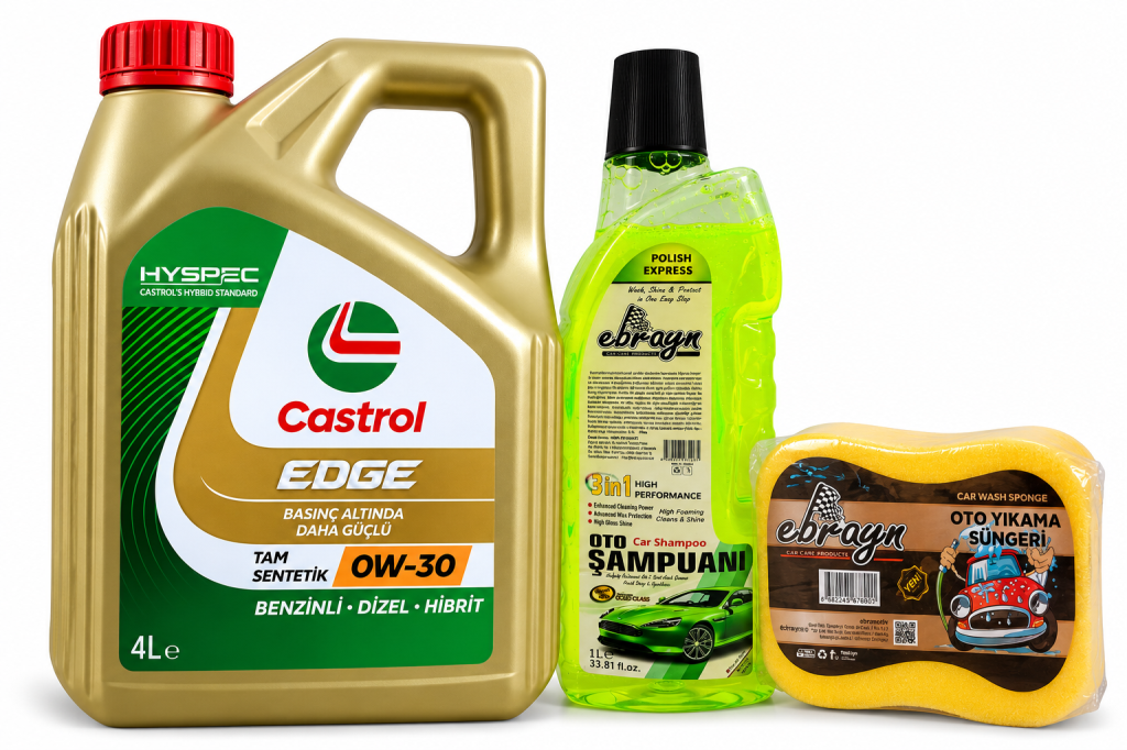 CASTROL EDGE MOTOR YAĞI 0W-30 4 Litre + Oto Şampuan 1000 ml + Yıkama Süngeri