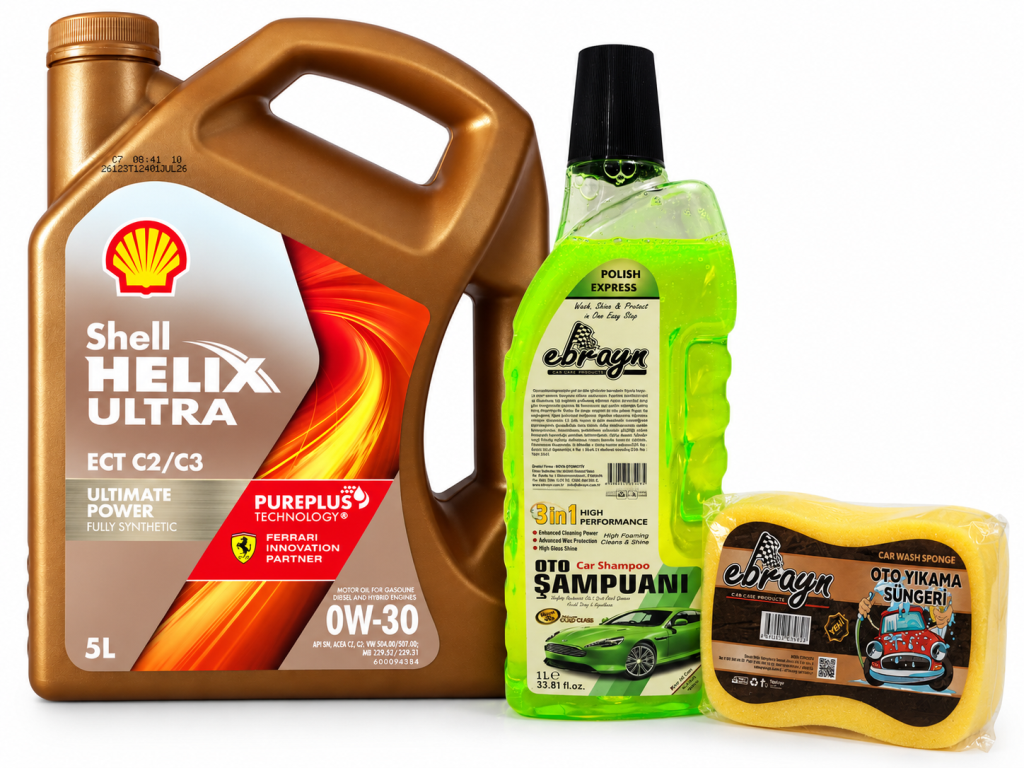 SHELL HELİX ULTRA ECT C2 C3 0W-30 MOTOR YAĞI 5 Litre + Oto Şampuan 1000 ml  + Yıkama Süngeri