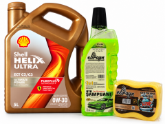SHELL HELİX ULTRA ECT C2 C3 0W-30 MOTOR YAĞI 5 Litre + Oto Şampuan 1000 ml  + Yıkama Süngeri