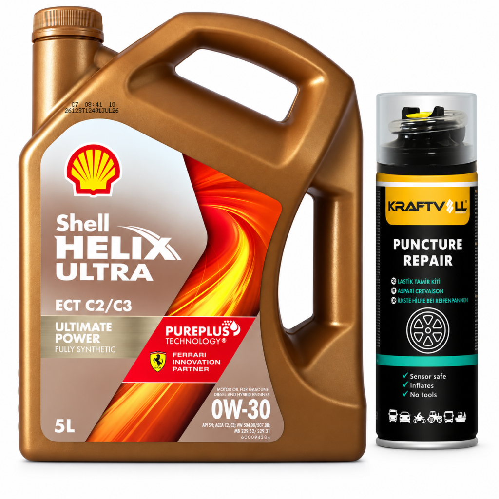 SHELL HELİX ULTRA ECT C2 C3 0W-30 MOTOR YAĞI 5 Litre + Lastik Tamir Kiti 400 ml