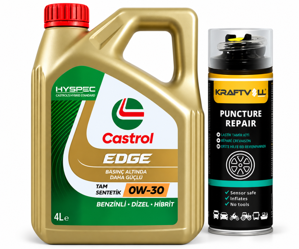 CASTROL EDGE MOTOR YAĞI 0W-30 4 Litre + Lastik Tamir Kiti 400 ml