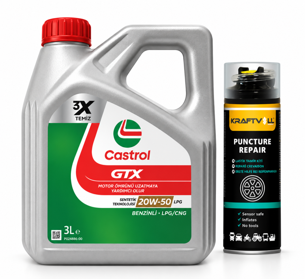 CASTROL GTX MOTOR YAĞI 20W-50 LPG 3 Litre + Lastik Tamir Kiti 400 ml