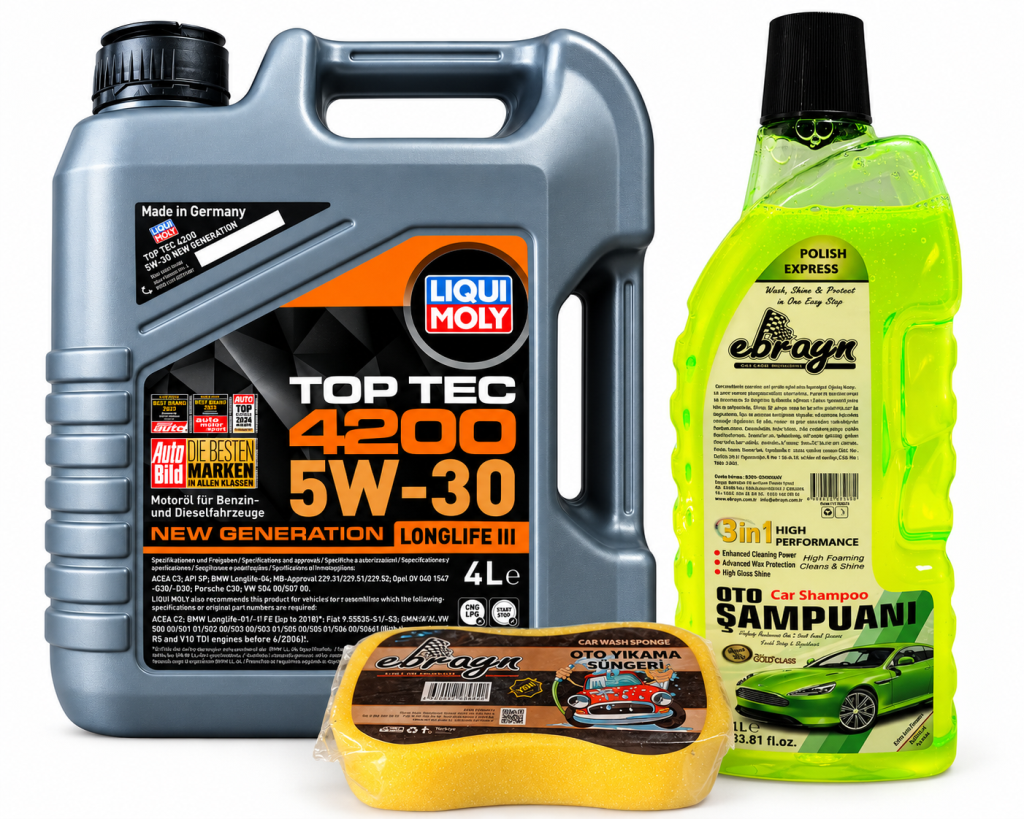 Liqui Moly Top Tec 4200 5W-30 Motor Yağı 4 Litre + Oto Şampuan 1000 ml + Yıkama Süngeri