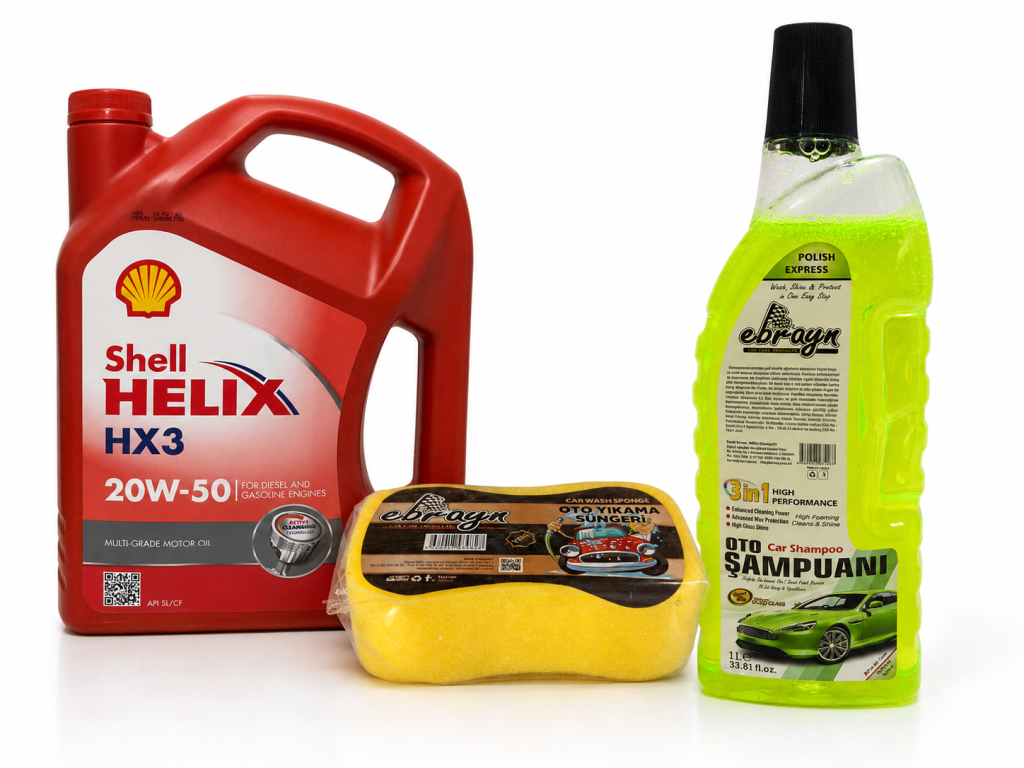 SHELL HELİX HX3 20W-50 MOTOR YAĞI 4 Litre + Oto Şampuan 1000 ml + Yıkama Süngeri