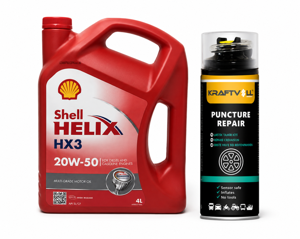 SHELL HELİX HX3 20W-50 MOTOR YAĞI 4 Litre + Lastik Tamir Kiti 400 ml