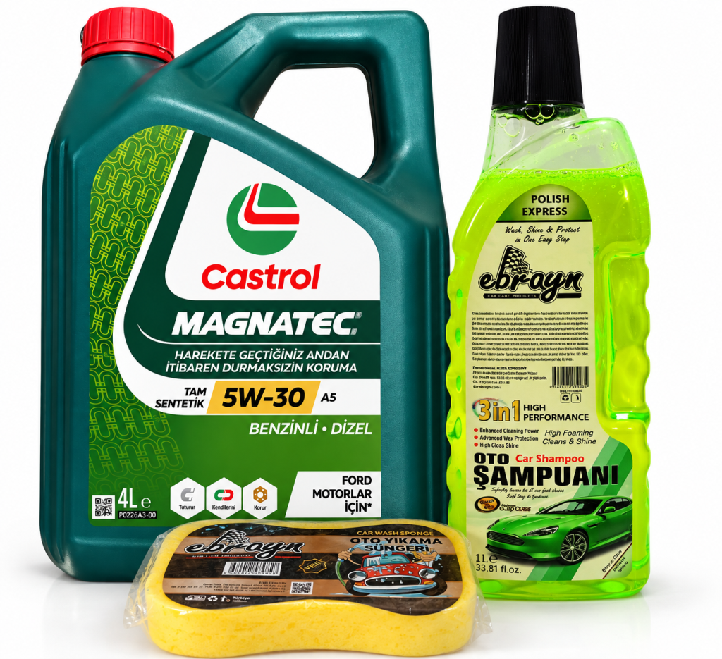 CASTROL MOTOR YAĞI MAGNATEC 5W-30 A5 4 Litre + Oto Şampuan 1000 ml + Yıkama Süngeri