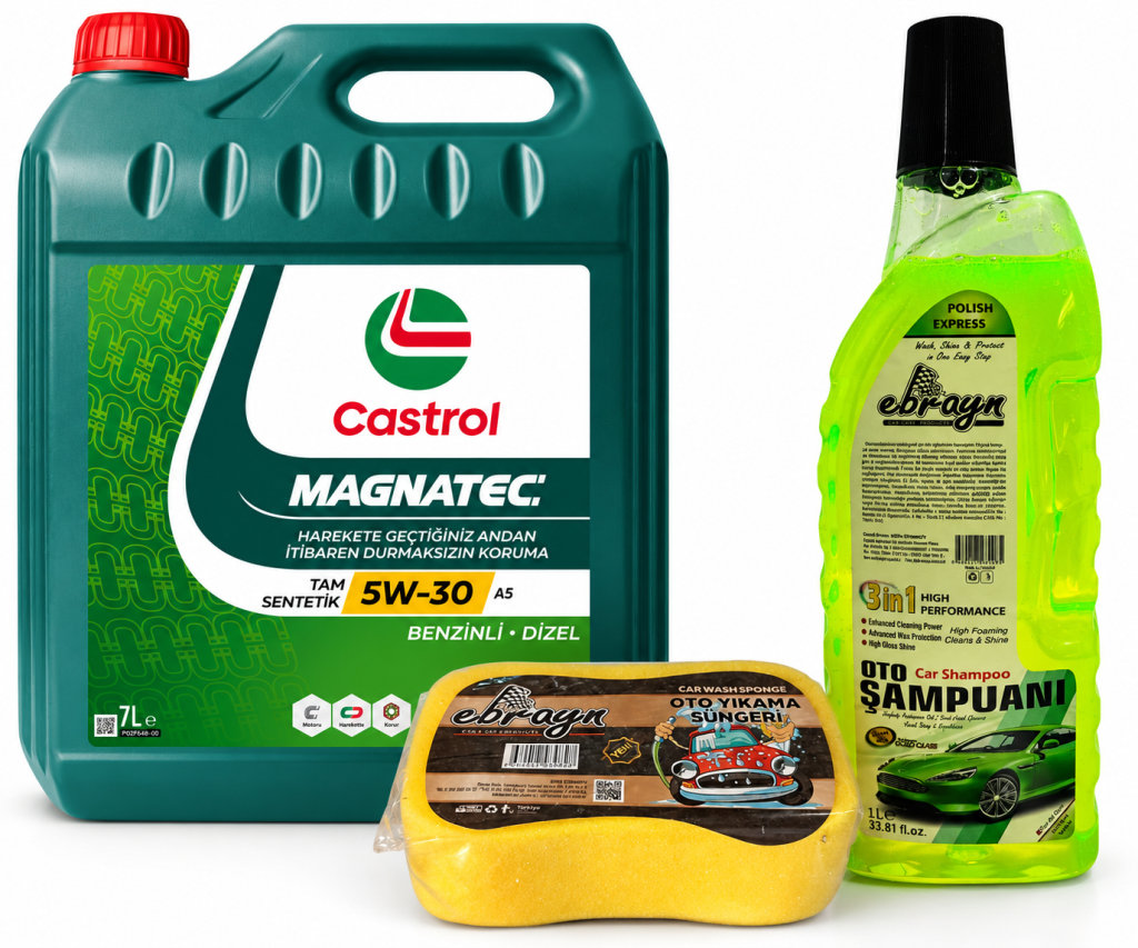 CASTROL MOTOR YAĞI MAGNATEC 5W-30 A5 7 Litre + Oto Şampuan 1000 ml + Yıkama Süngeri