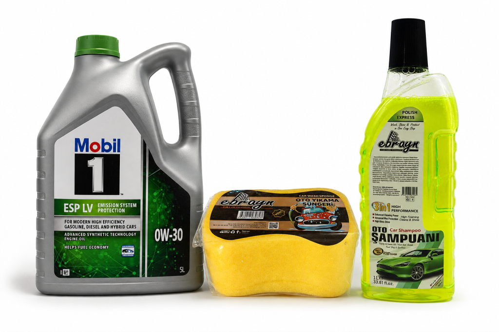 MOBİL 1 ESP LV 0W-30 MOTOR YAĞI 5 Litre + Oto Şampuan 1000 ml + Yıkama Süngeri
