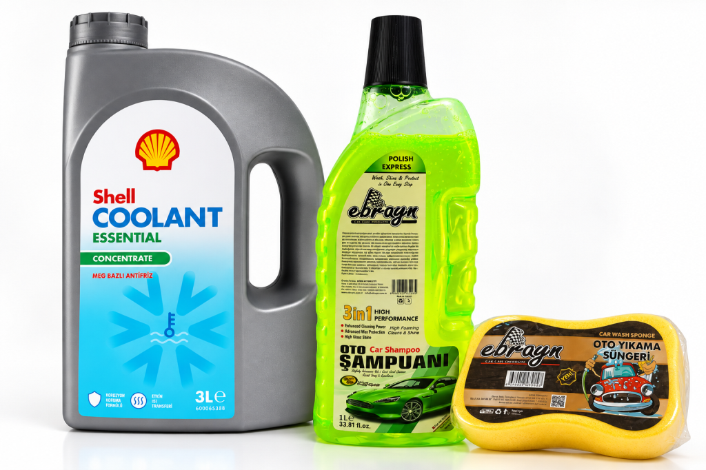 SHELL COOLANT ANTİFRİZ (MAVİ) 3 Litre + Oto Şampuan 1000 ml  + Yıkama Süngeri