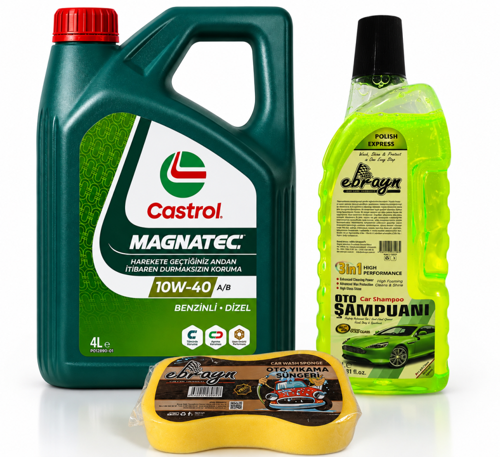 CASTROL 10W-40 A3/B4 MAGNATEC 4 Litre + Oto Şampuan 1000 ml + Yıkama Süngeri