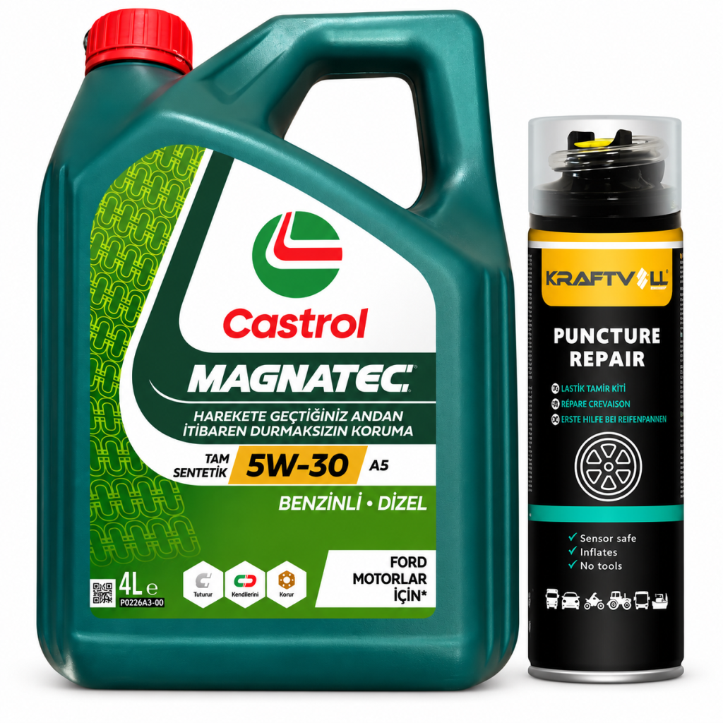 CASTROL MOTOR YAĞI MAGNATEC 5W-30 A5 4 Litre + Lastik Tamir Kiti 400 ml