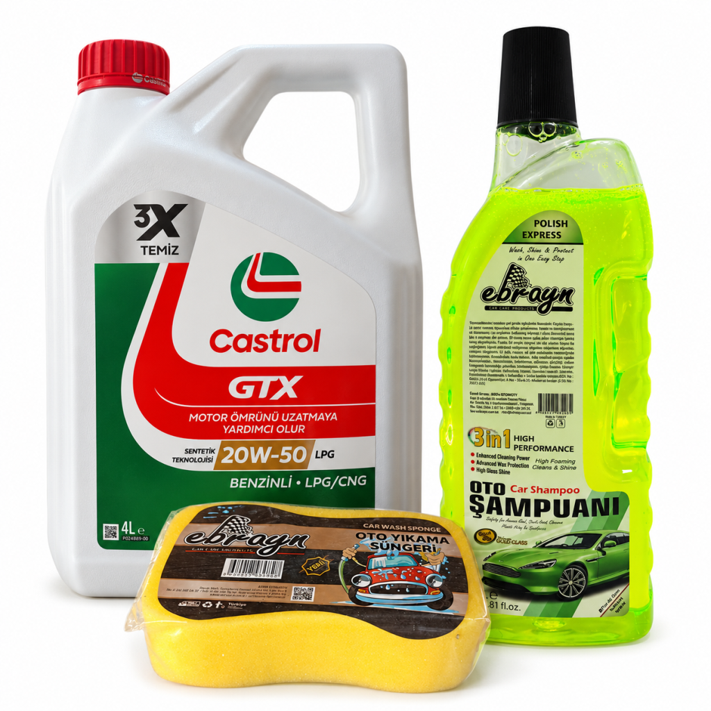 CASTROL GTX MOTOR YAĞI 20W-50 LPG 4 Litre + Oto Şampuan 1000 ml + Yıkama Süngeri