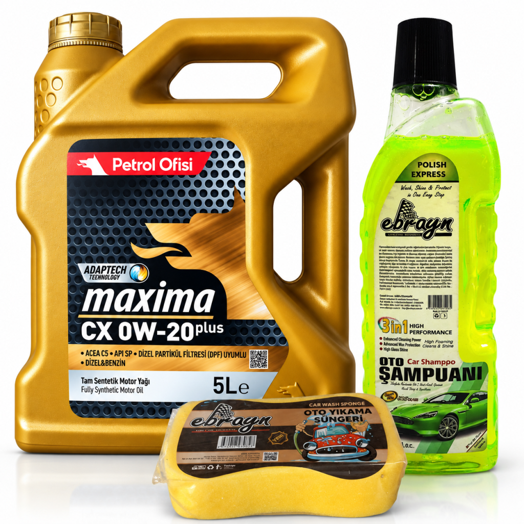 PETROL OFİSİ MOTOR YAĞI MAXİMA CX 0W-20 PLUS 5 Litre + Oto Şampuan 1000 ml + Yıkama Süngeri