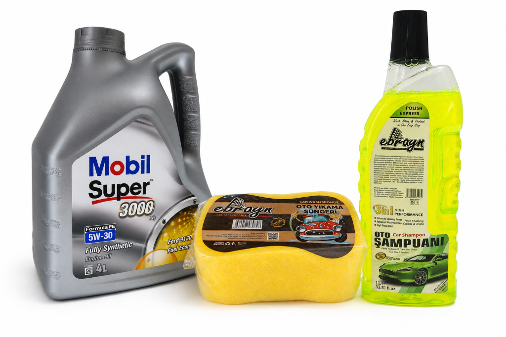 MOBİL SÜPER 3000 X1 FE 5W-30 MOTOR YAĞI 4 Litre + Oto Şampuan 1000 ml + Yıkama Süngeri