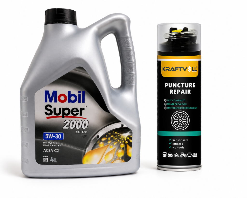 MOBİL SÜPER 2000 XE ACEA C2 5W-30 DPF MOTOR YAĞI 4 Litre + Lastik Tamir Kiti 400 ml