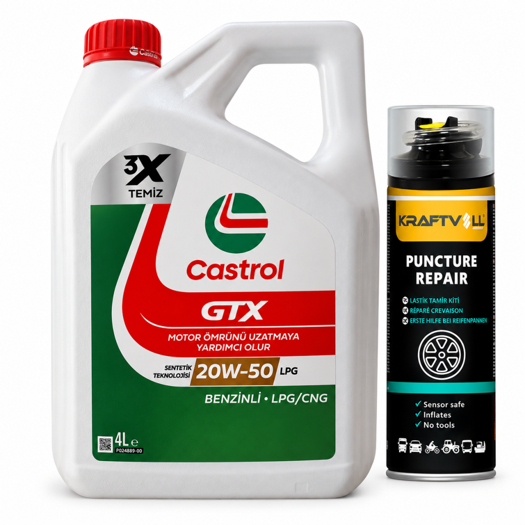 CASTROL GTX MOTOR YAĞI 20W-50 LPG 4 Litre + Lastik Tamir Kiti 400 ml